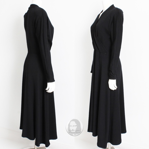 Vintage Black Wool Dress 80s Big Shoulders Cinched Waist Flowing Skirt LBD M/L - Picture 6 of 7